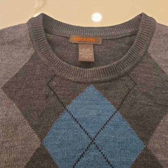Dockers Mens Argyle Diamond Crewneck Long Sleeve Knit Sweater Size XL Gray Blue - Picture 3 of 11